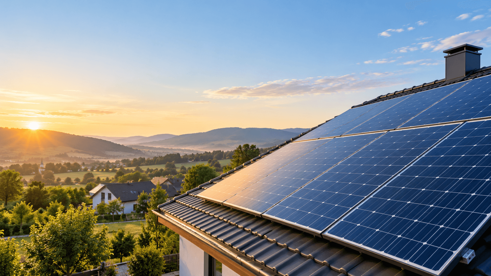 Panouri fotovoltaice pe acoperiș, în lumina soarelui