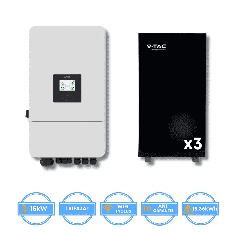 Invertor Deye 15kW, SUN-15K-SG05LP3-EU-SM2 + Acumulator V-TAC 15.36kWh