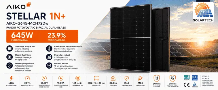 Panou fotovoltaic 645W, Stellar 1N+, Bifacial, AIKO — imagine descriptivă 1